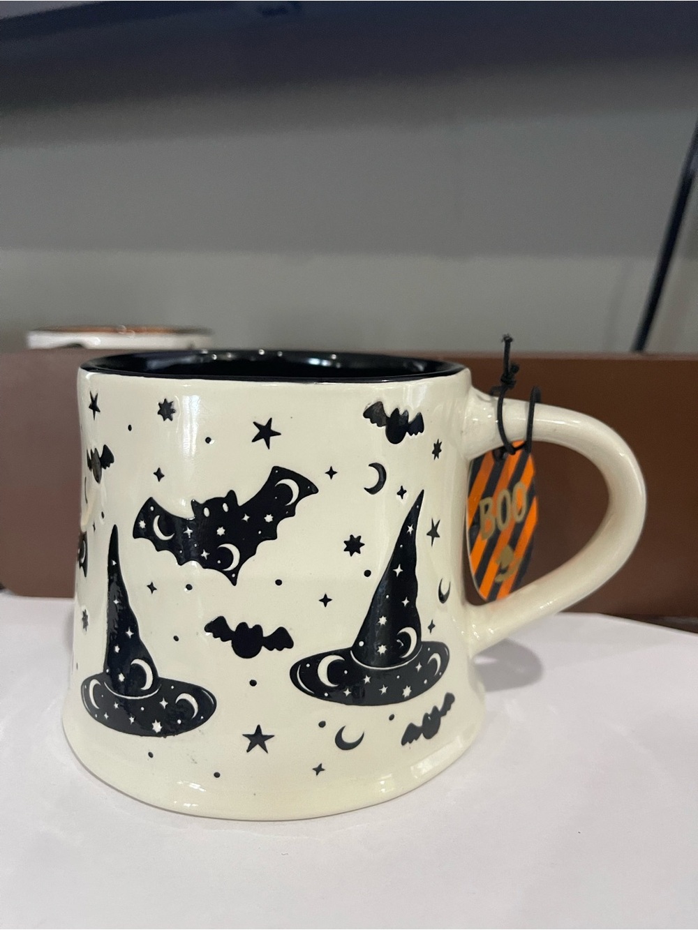 Halloween Witch Hat & Bat Ceramic Mug - Black on Cream